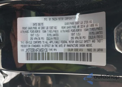 2015 Mazda Cx-9 Sport z USA, uszkodzony, nr VIN JM3TB3BV4F0469108